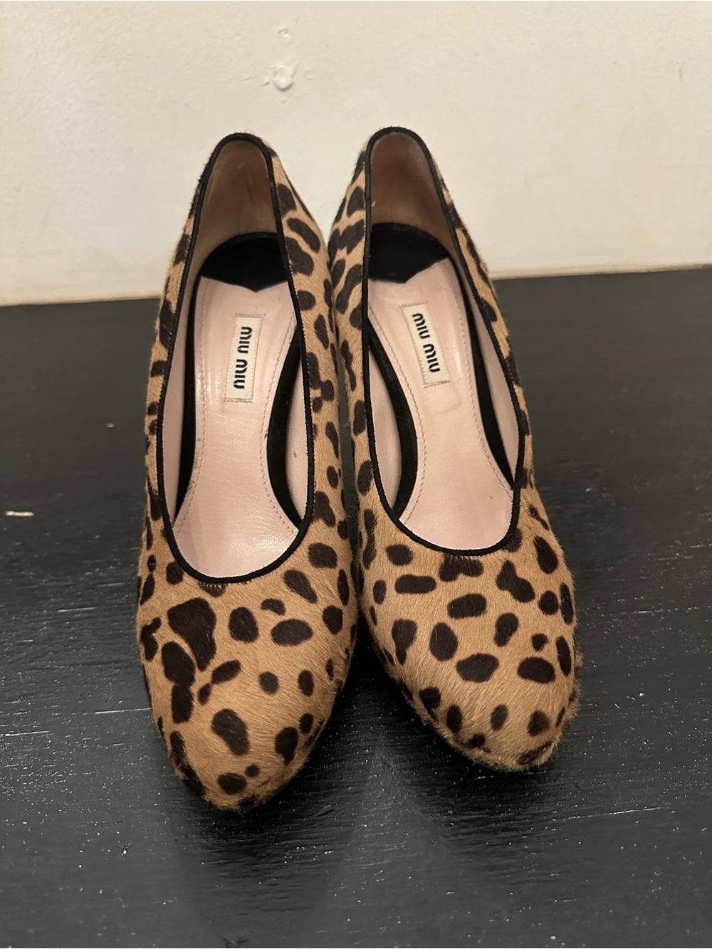 Miu Miu Leopard Print Calf Hair Pumps in Tan and Black
